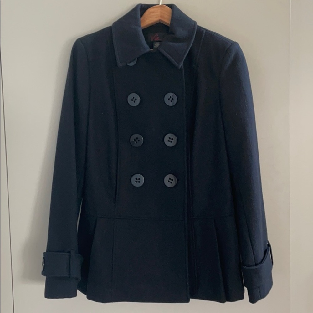 Via Black Wool Pea Coat Sz 6 34” waist